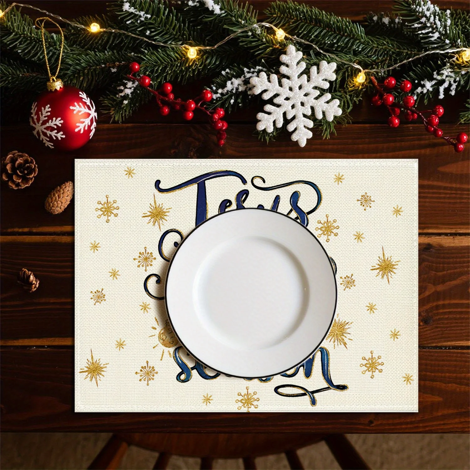 4pcs Christmas Placemats 12x18 In Jesus Is The Reason Of The Season Stars Angels Blowing Trumpets Poinsettia Washable Table Mats