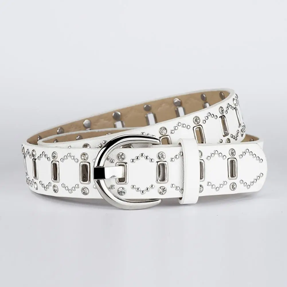 Metal Embellished Belt Punk Style Rivet Decor Women's Belt with Adjustable Length Multi Holes Design Faux Leather for A