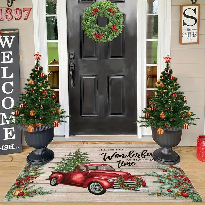 VIKAMA Red Truck Christmas Door Mat Wonderful Time Print Non Slip Rug For Entryway Front Door Indoor Outdoor Holiday Decor