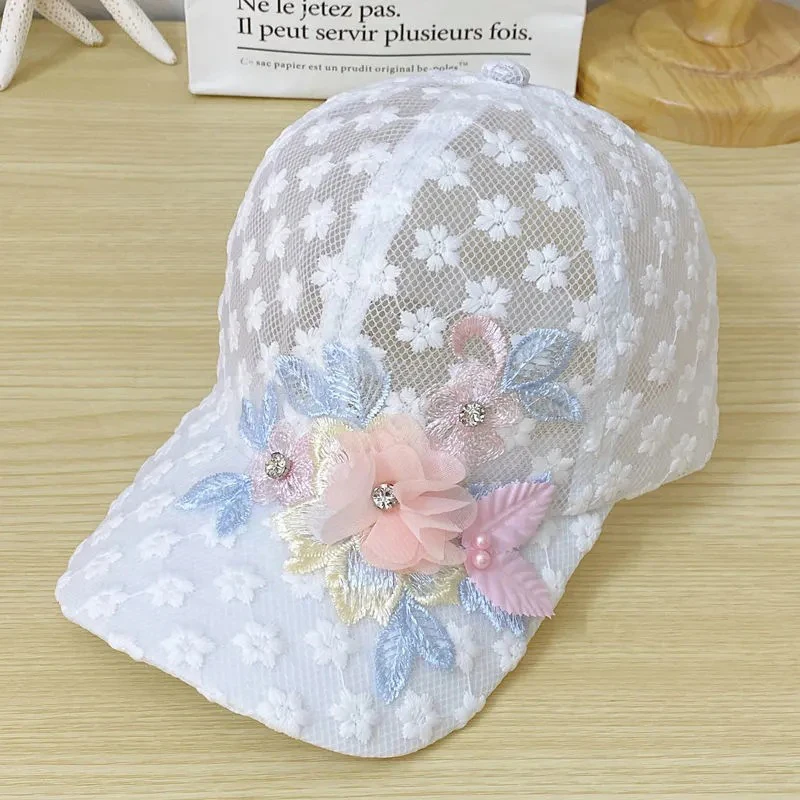 1PCS Elegant Lace-Trimmed Breathable Baseball Cap With Flower Embroidcery & Faux Pearls - Adjustable For Every Woman