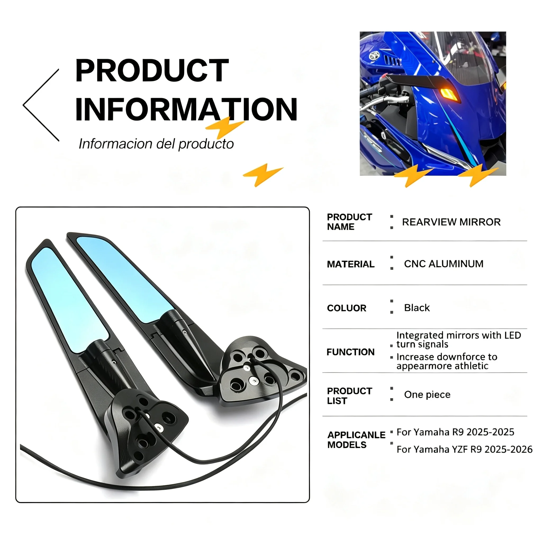 For Yamaha YZF-R9 2025-2026 Motorcycle With LED Turn Signal Rearview Mirror YZF R9 Invisible Adjustable Side Mirror Accessories