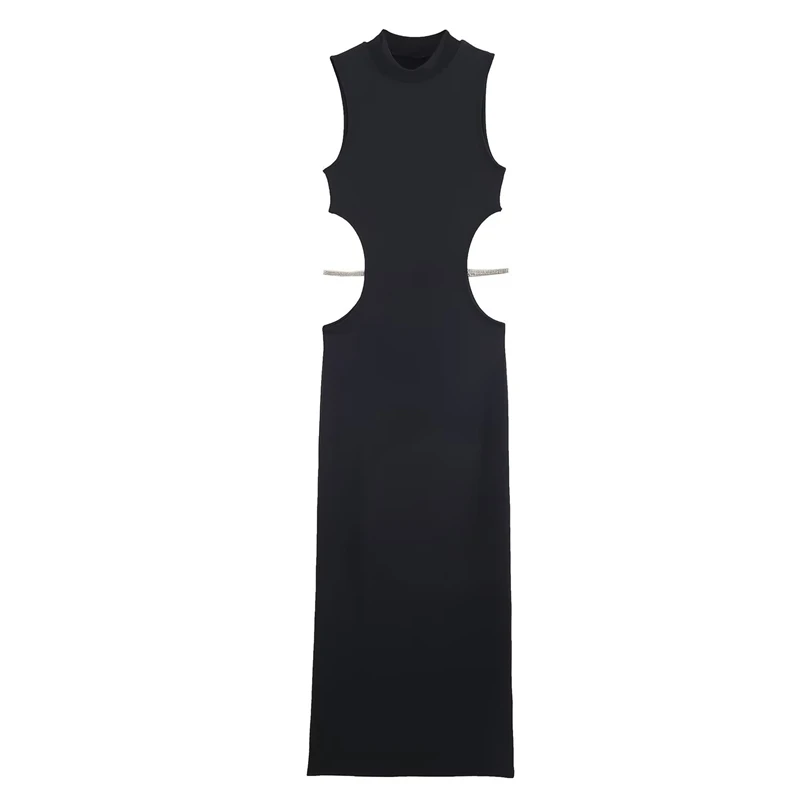 Women's Black Bodycon Maxi Dress - Cutout Design, Mock Neck, Sleeveless, Rhinestone Detail, Stylish Evening Gown