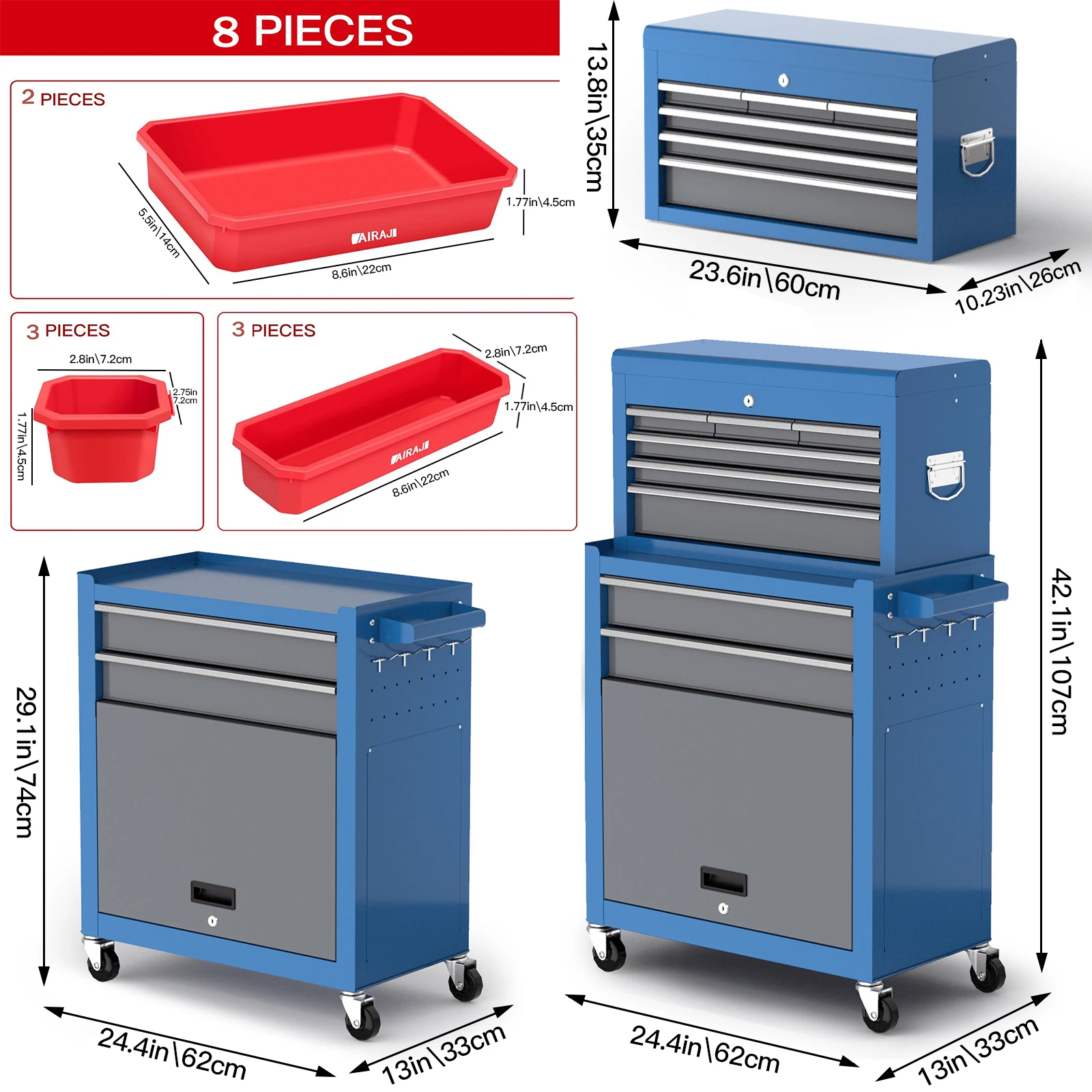 AIRAJ Large 8 Drawers Rolling Tool Chest with Wheels,with Tool Box Organizer Tray Divider,Holds Up to 550 lbs