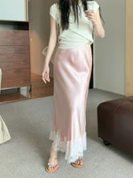 Satin Lace Patchwork Midi Skirt 2025 Women A-line Elegant Smooth Skirt Women Clothing - Image 5