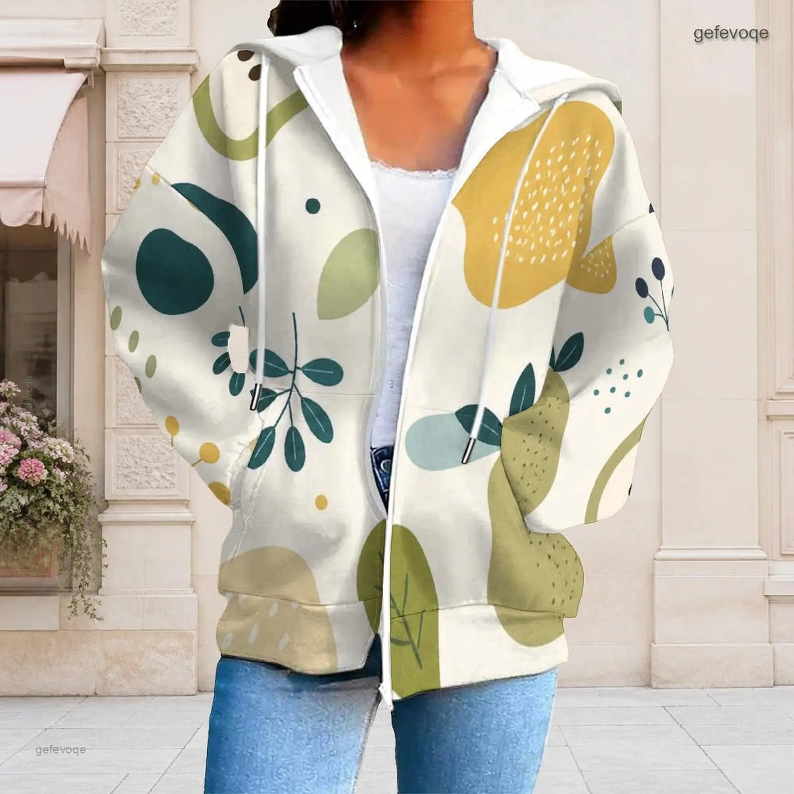 Women Cream Abstract Leaf Organic Print Zip Up Long Sleeve Hoodie with Drawstring Hood Pockets