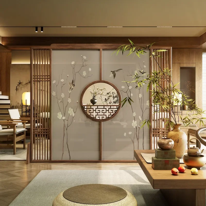 for New Chinese Style Folding Screen Living Room Background Decoration Partition Suzhou Embroidery Solid Wood Zen Bamboo