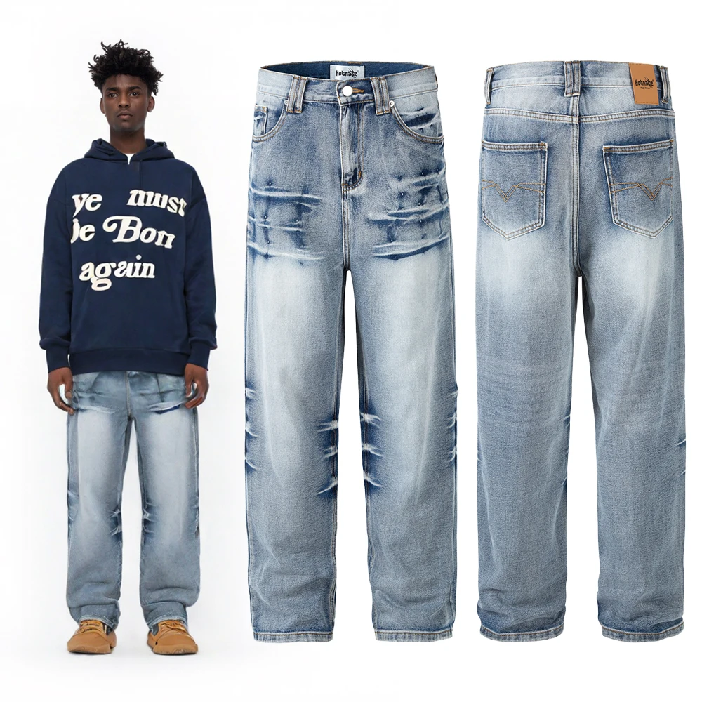 

Y2k Men's Clothing Streetwear Retro Distressed Scratched Denim Jeans Hiphop Street Style Casual Straight Trousers 2000s Clothing