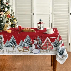 Christmas Snowman House Xmas Trees Rectangle Tablecloth Holiday Party Decor Reusable Waterproof Tablecloth Christmas Decorations