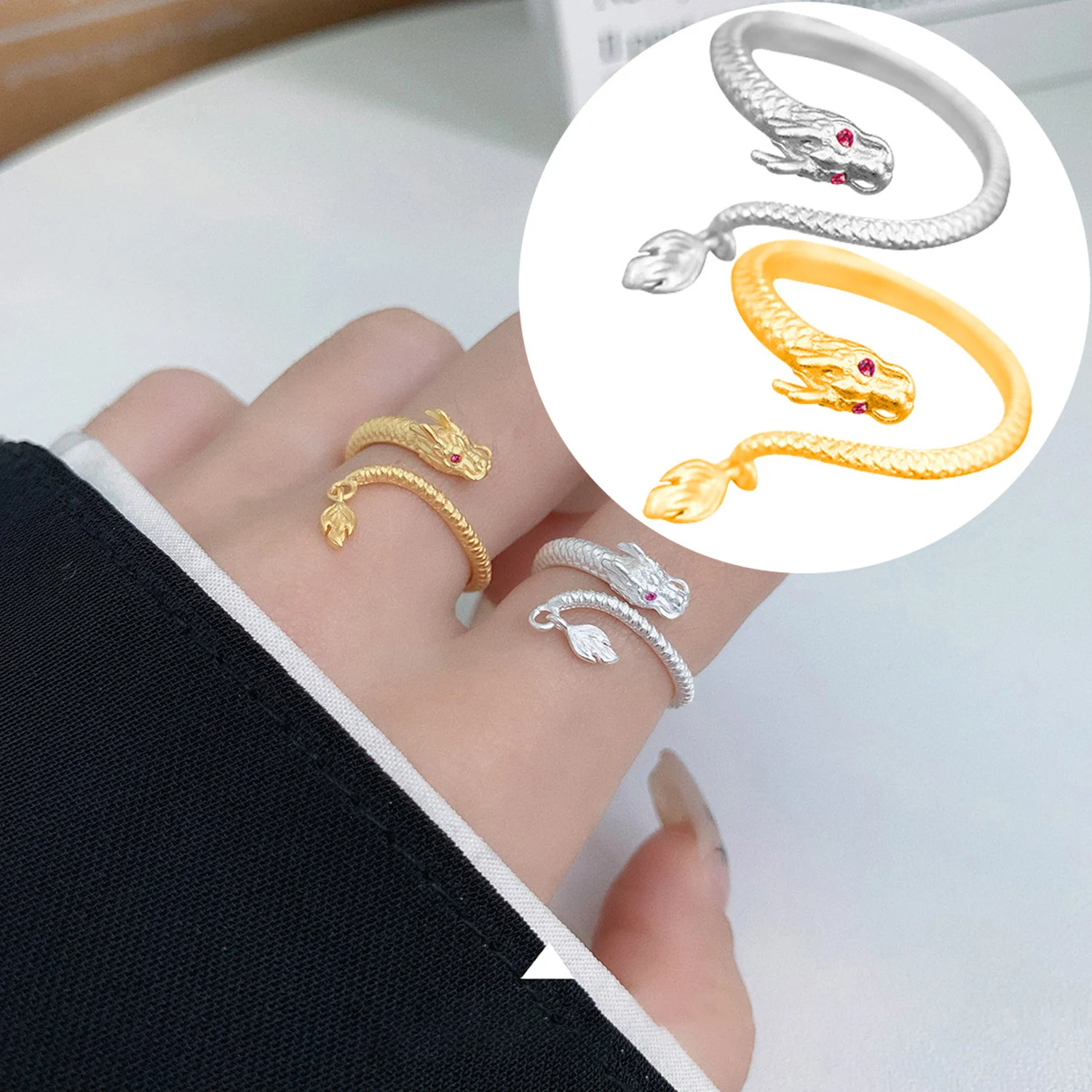 New Waterproof Trendy Gold Color Copper Dragon Adjustable Tail Ring Unisex Fashion Jewelry NewYear Gifts For Women Men