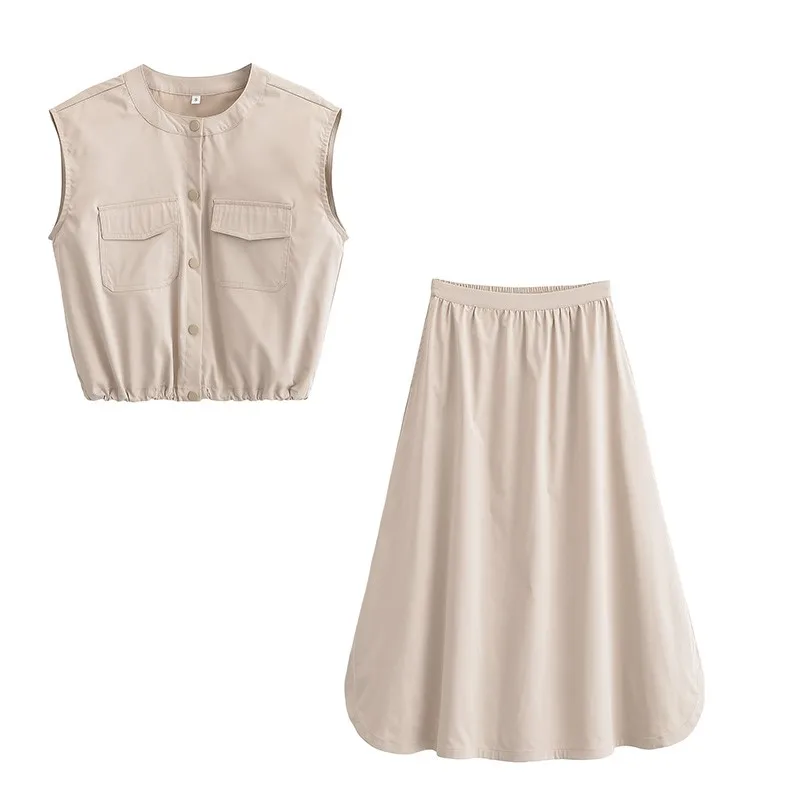 

Женский комплект юбок с высокой талией, комплект из 2 предметов, короткий жилет с карманом на пуговицах, длинная юбка с эластичной резинкой на талии, женский наряд