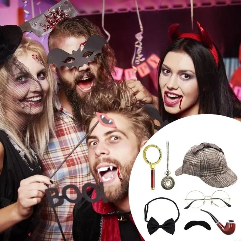 2025 Neues 7PCS -Detektivkostümzubehör für Erwachsene Detective Hat Man Inspector Kostüm für Maskerades Halloween Cosplay