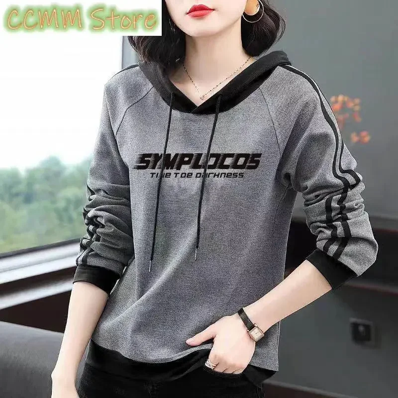 Women's Clothing Letter Printed Floral Sweatshirts Spring Autumn Casual Hooded Drawstring Chic Bright Line Decoration Pullovers