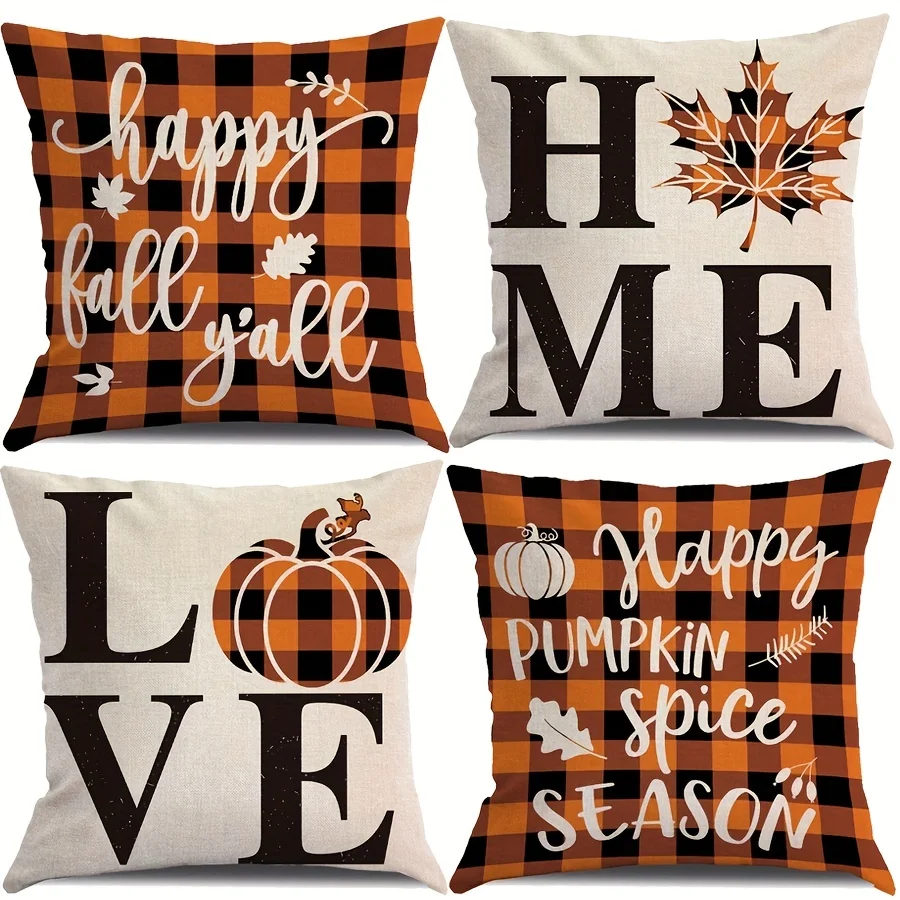 

4Pcs Set Fall Pillow Covers Checkered Pumpkin Maple Leaf Throw Pillow Cover Thanksgiving Farmhouse Home Sofa Bed Decoration