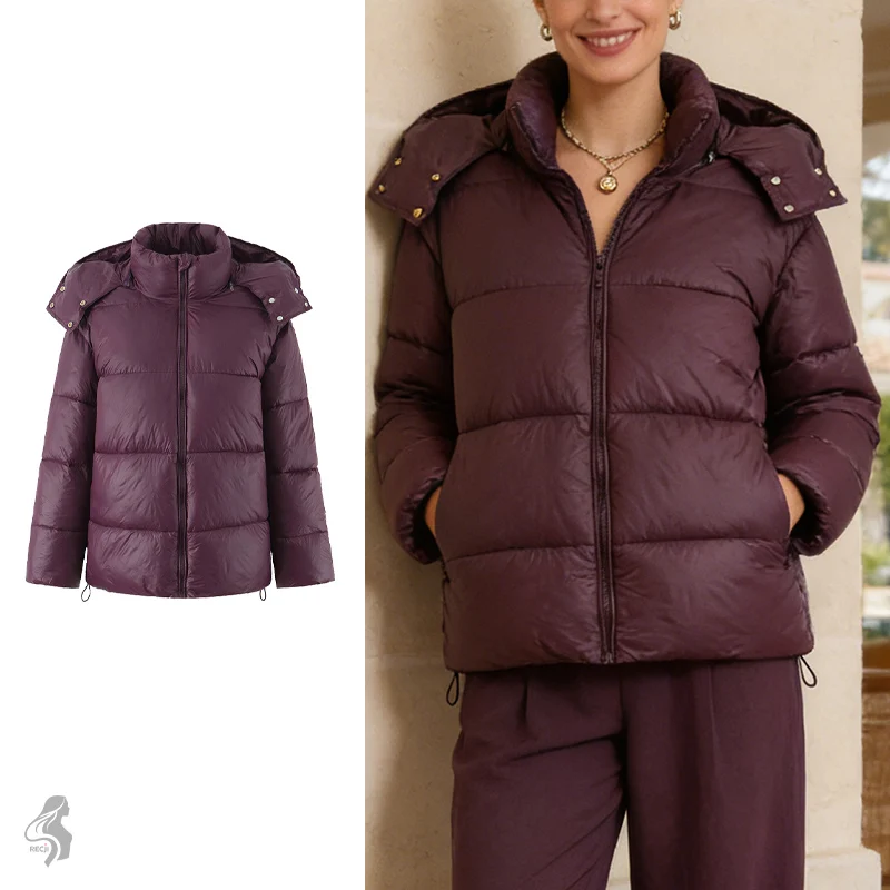 여성용 탈부착 가능한 후드 코튼 재킷 광택 퀼팅 루즈핏 스탠드 칼라 따뜻한 캐주얼 작업복 코트 여성 겨울 코트