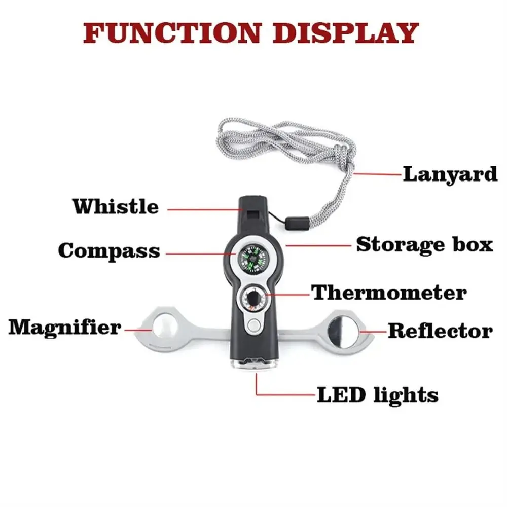 

Compass Emergency Whistle Thermometer Magnifying Glass Survival Whistle Reflector LED Light 7 in 1 Whistle Outdoor Tools