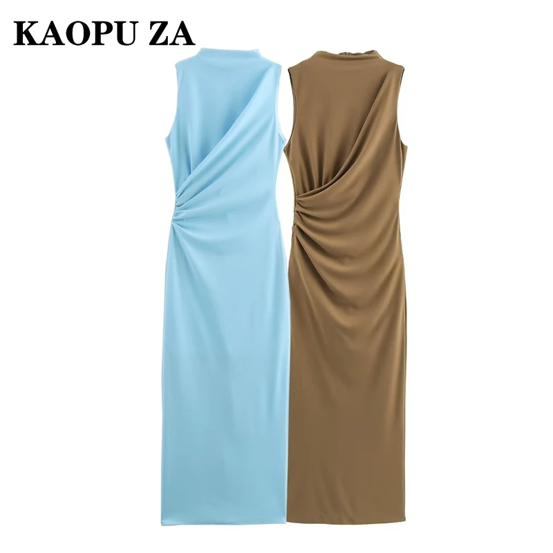 KAOPU ZA 2024 Spring Woman's Glamorous Maxi Skirt Dresses Hipster Autumn Wear Woman Sleeveless Top Ruffles zipper O-Collar Dress