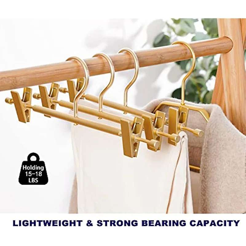 Gold Aluminum Pants Hangers 5Pcs Extra Smooth Light & Sturdy Metal Rack for Trouser with 2-Adjustable Non Slip Clips Swivel Hook