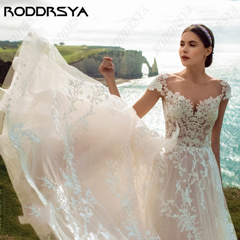 RODDRSYA-vestidos De novia De tul para mujer, Vestido De novia romántico, elegante, con manga De casquillo, con escote Corazón, minimalista vestidos De novia De tul para mujer, Vestido De novia romántico, elegante, con