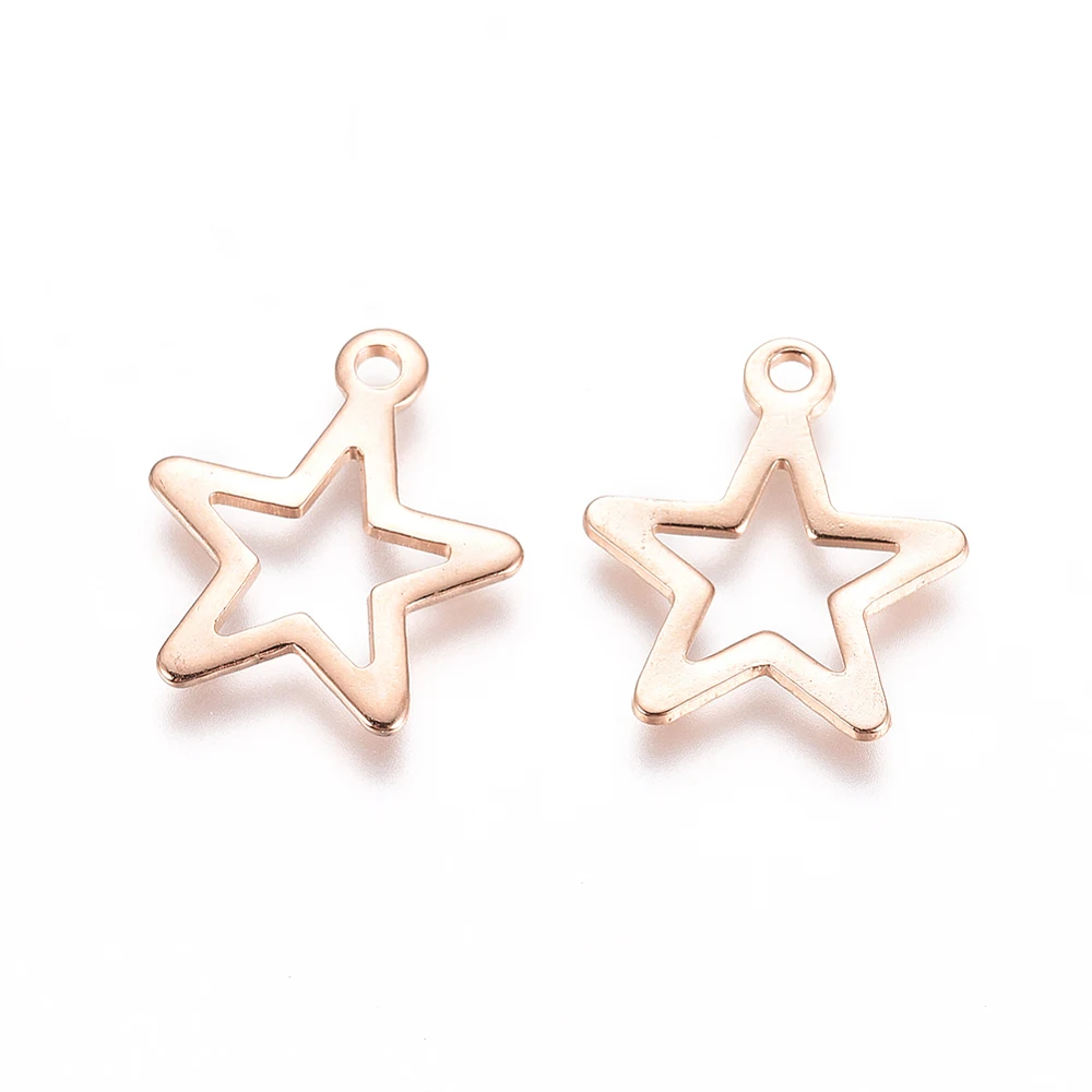 

304 Stainless Steel Pendants, Star, Hollow, Rose Gold, 15x13x1mm, Hole: 1.4mm
