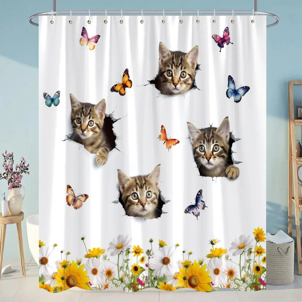 

Занавеска для душа с милым котом, цветочная корзина, кошка, зеленое растение, бабочка, цветочный детский домашний полиэстер, подвесные шторы, декор для ванной комнаты