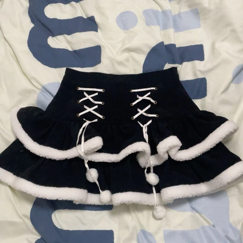 New Winter Y2k Japanese Lolita Skirts Women Vintage Design Black White High Waist Mini Skirts Harajuku Chic Bandage Party Skirts