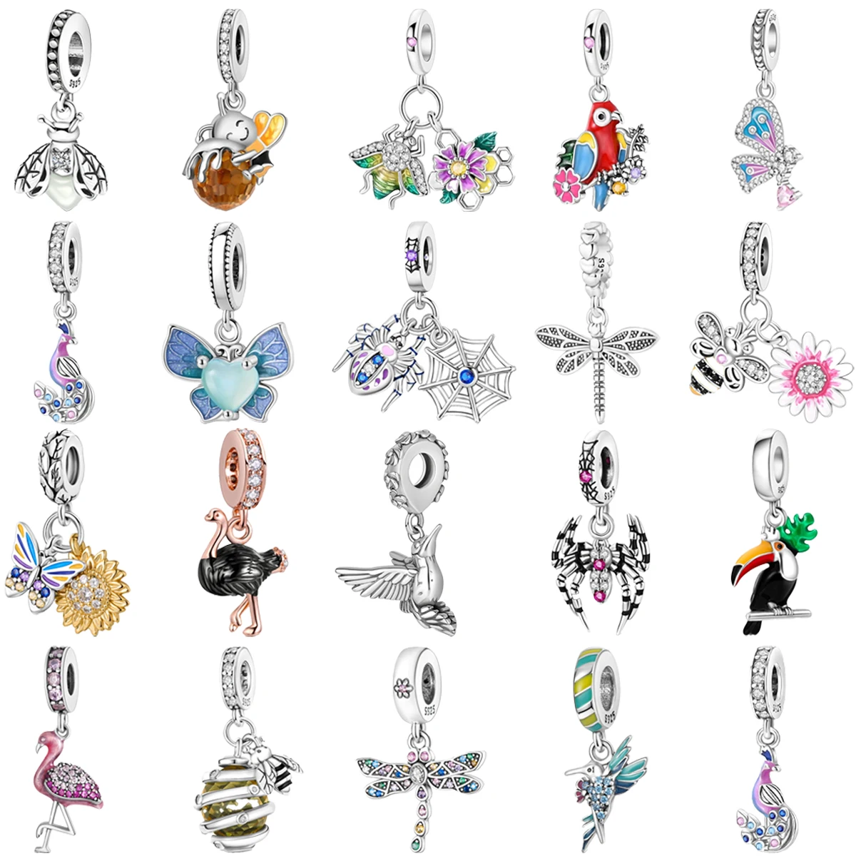 

Original 925 Charms Sterling Silver Spider Flamingo Bee Dragonfly Snail Pendant for Pandora DIY Bracelet Ladies Jewelry Gift