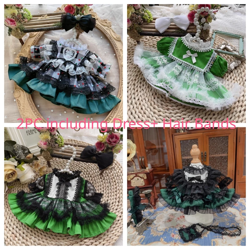 Handmade 2pc/set 10/15/20/25/40cm Only Doll Clothes Retro Green Hair Bands Princess Dress Suit Outfit for Dolls Gift DIY Toys