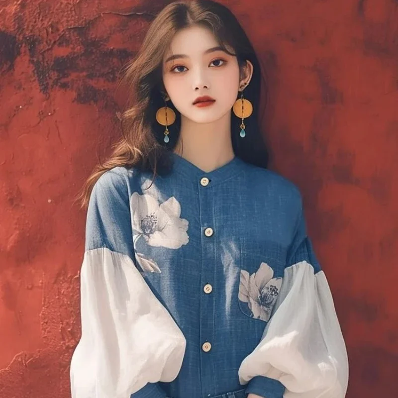 Vintage Women\'s Shirts Spring/summer New Chiffon Print Women Blouses Loose Long Sleeve Top Patchwork Korean Clothing Sales