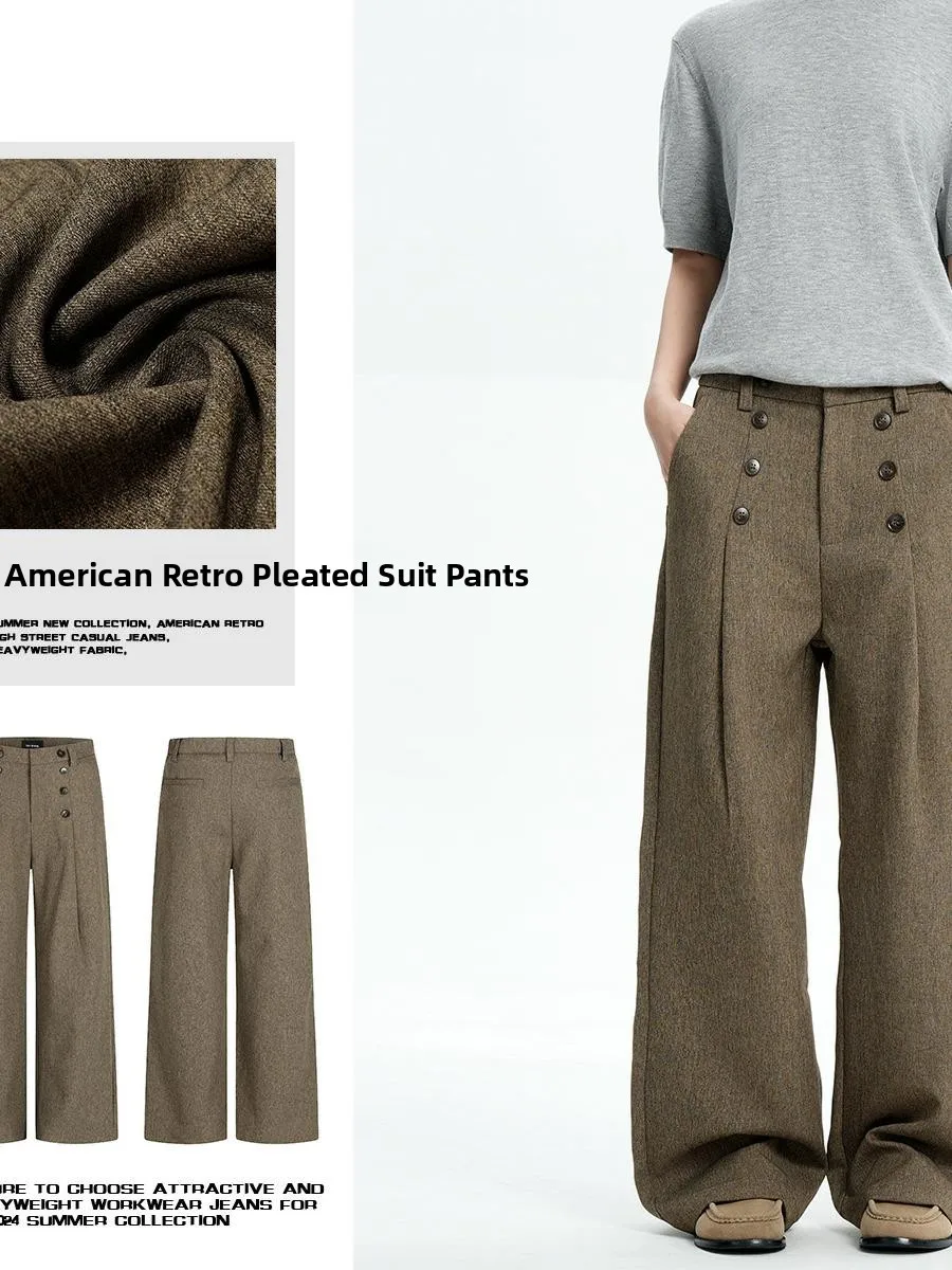 

Мужские и женские свободные повседневные длинные брюки в стиле ретро, брюки из смешанного волокна, коричневый сложенный симметричный дизайн на пуговицах
