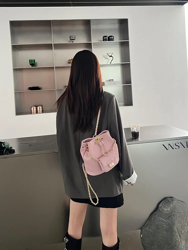 

Racice Pink Leather Buet Bag oulder Bag Women's Faion Retro Artistic Sle Size No Partition Open Top Bag