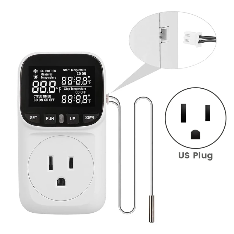 TOP Digital Plug In Thermostat Outlet120v Heating Cooling Control 110V 15A Celsius Fahrenheit Display,For Greenhouse US Plug