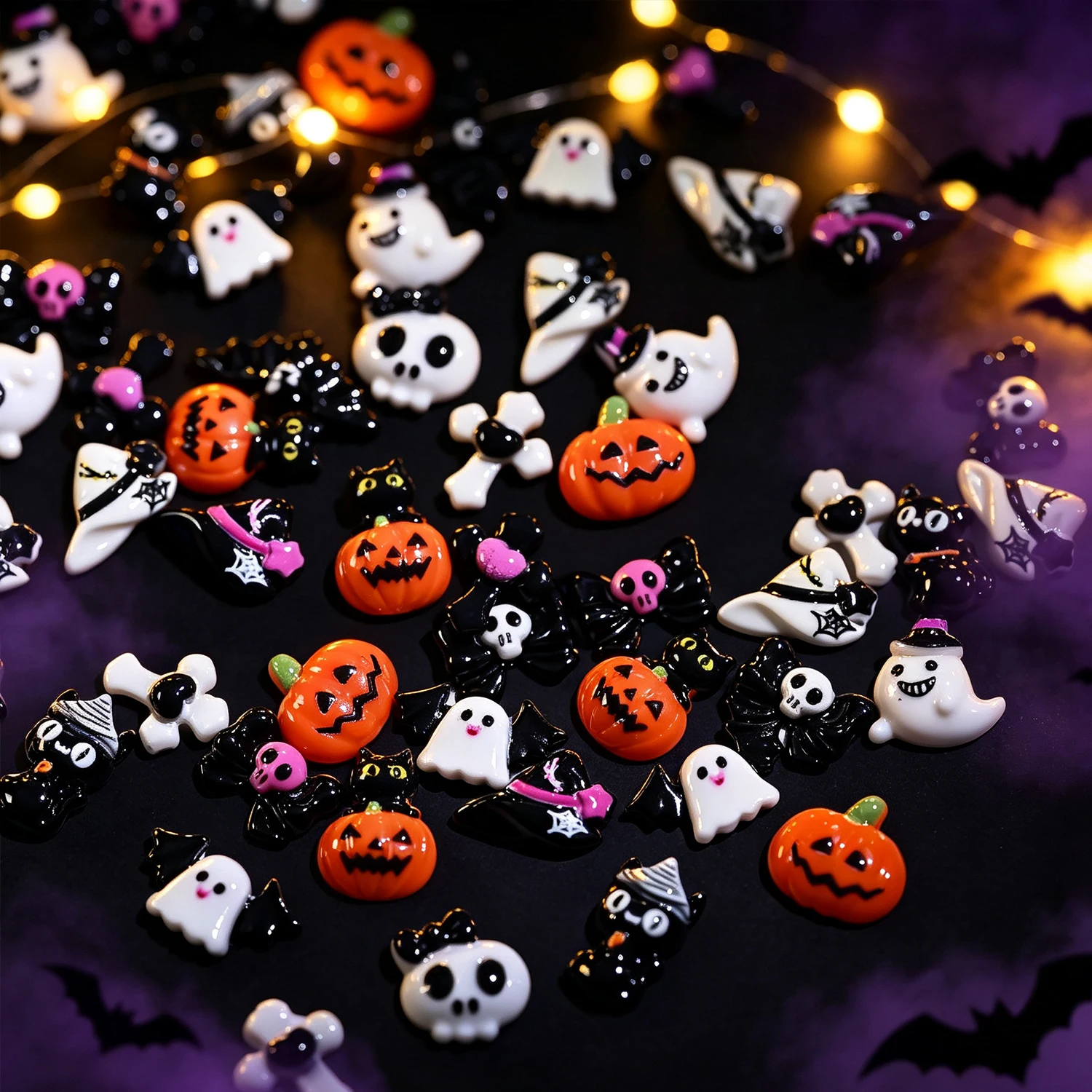 50 Stück Gemischte Harz-Halloween-Nagelcharms 3D Niedliche Cartoon-Geister/Fledermäuse/Kürbisse/Totenköpfe/Schwarze Katzen Nagelteile DIY Horror-Festival-Dekoration – Detail 1