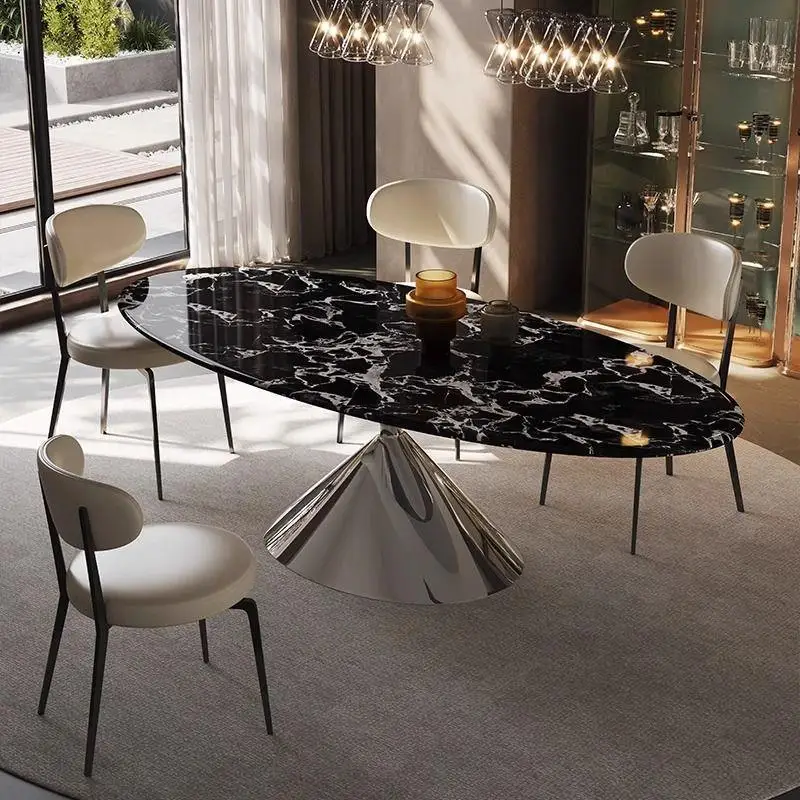 Italian light luxury marble high-end villa luxury stone oval rock slab dining table