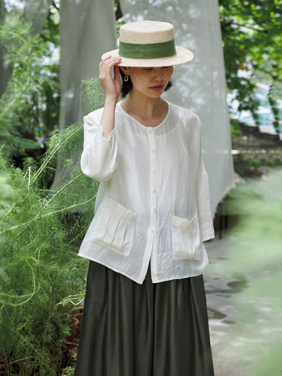 

ZBWY шелковый открытый кардиган ручной работы, похожий из бумаги, свободный крой, женский круглый вырез, длина Ne Seven Sve