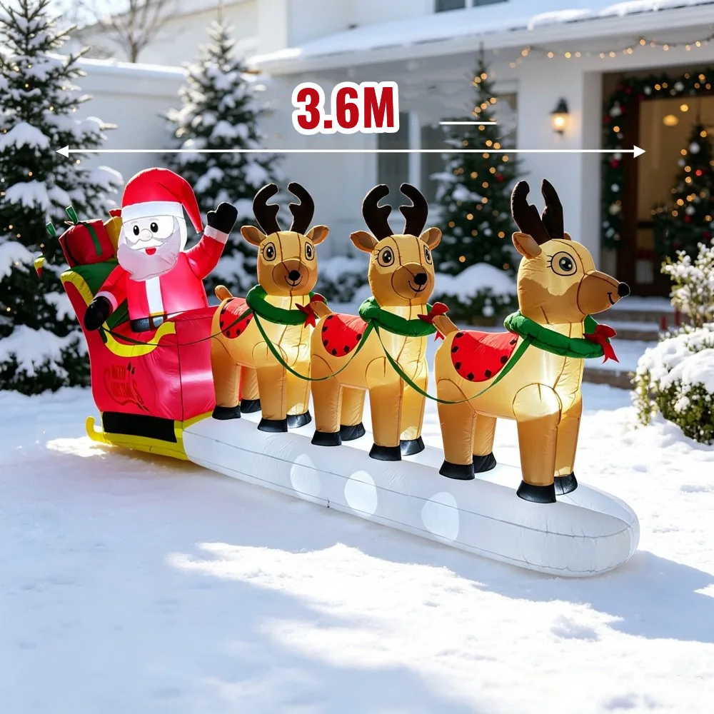 Santa Claus And Reindeer On Christmas 3.6M Inflatable Sled Built LED Lights For Indoor And Outdoor Lawn Garden Square Decoration