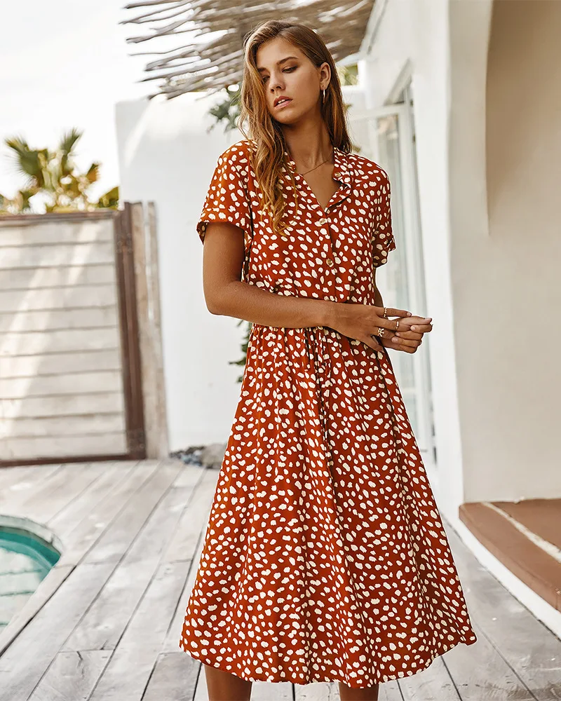 Moda Krótki rękaw Point Dot Midi Sukienka Kobiety 2025 Lato Casual Boho Eleganckie Długie Sukienki Biurowe Dla Kobiet Robe Femme