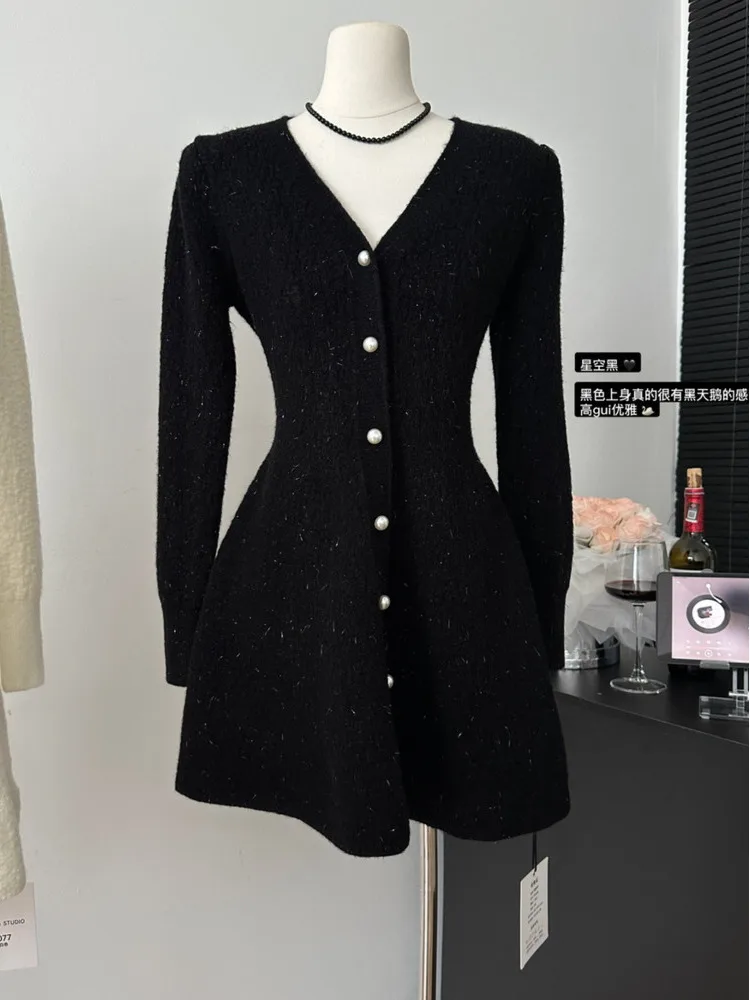 New Women\'s Knitted Elegant Mini Dress Autumn Long Sleeve Korean Single Breasted Fashion Office Lady Vintage Bright Silk Dresses
