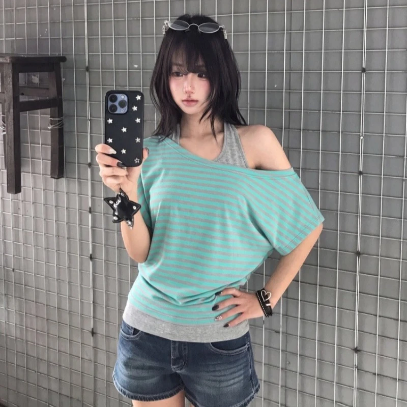 Y2k Mint Green Striped Off Shoulder Halter Neck T Shirt Women Summer Two Piece Loose Fit Slimming Casual Lolita Top