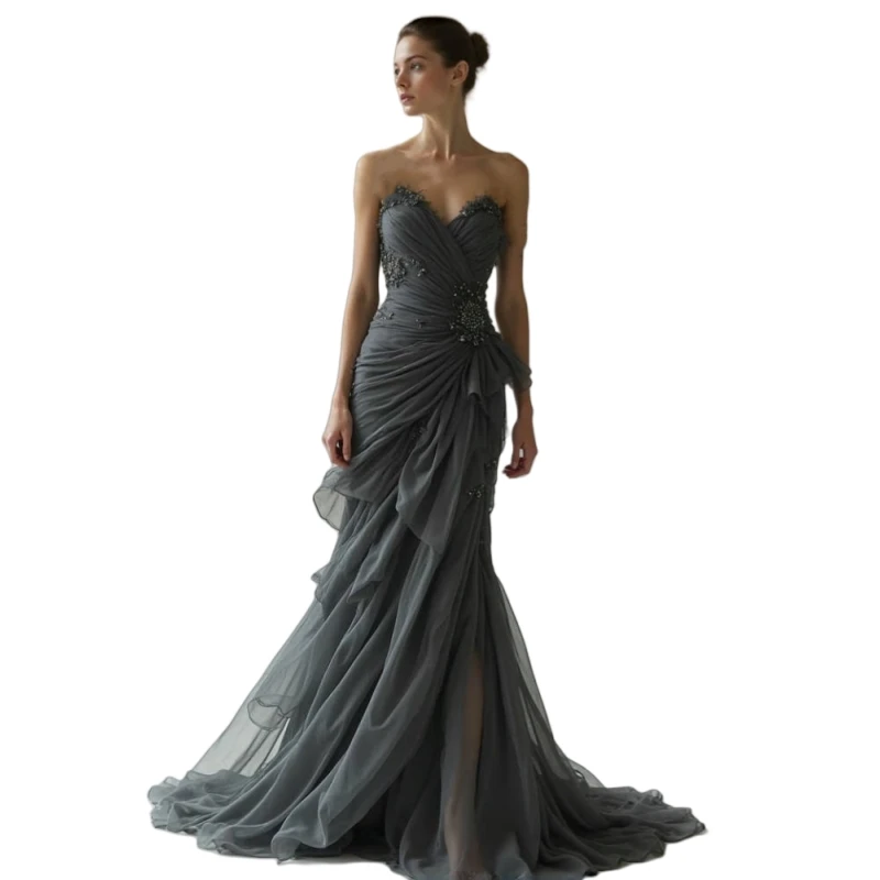 Elegant Draped Mermaid ชุดราตรีลูกปัด Sweetheart คอ Ruched ยาว Tulle พรหมอย่างเป็นทางการชุดสีเทาที่กําหนดเอง