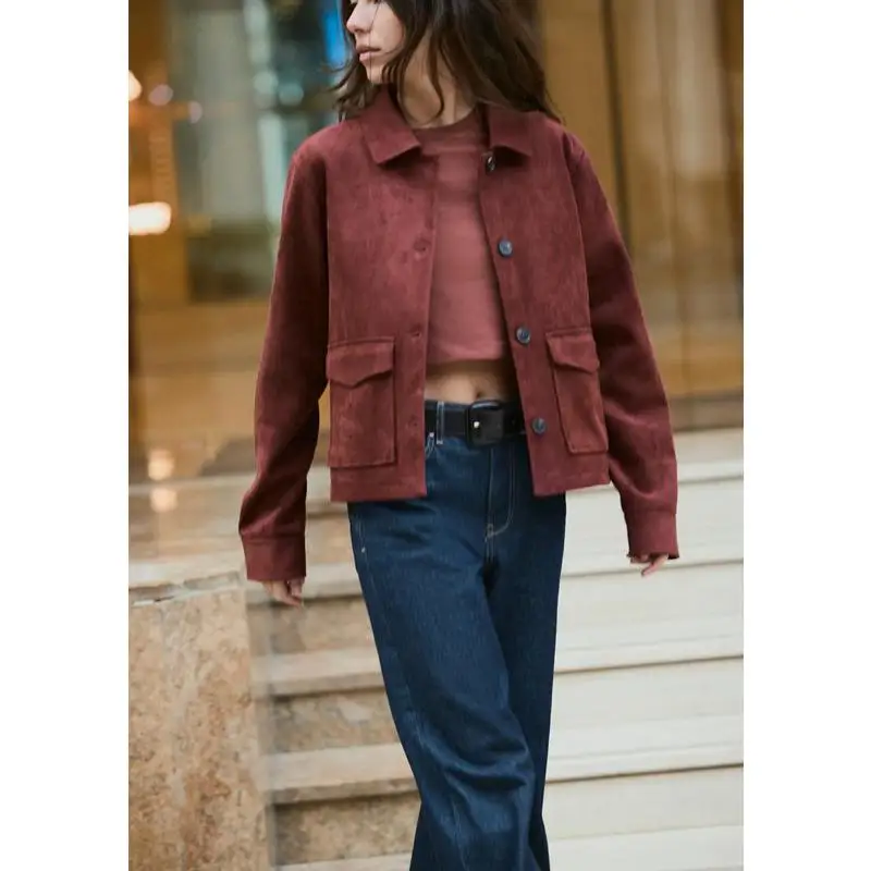

Spring New Retro Commute Loose Velvet Texture Long Sve Collar Jaet Outerwear Women's Collar Button up Single Piece