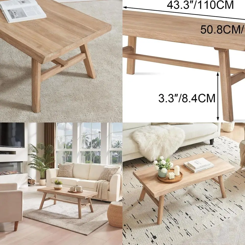 

Деревенский прямоугольный журнальный столик из цельного дерева, натуральная отделка для гостиной