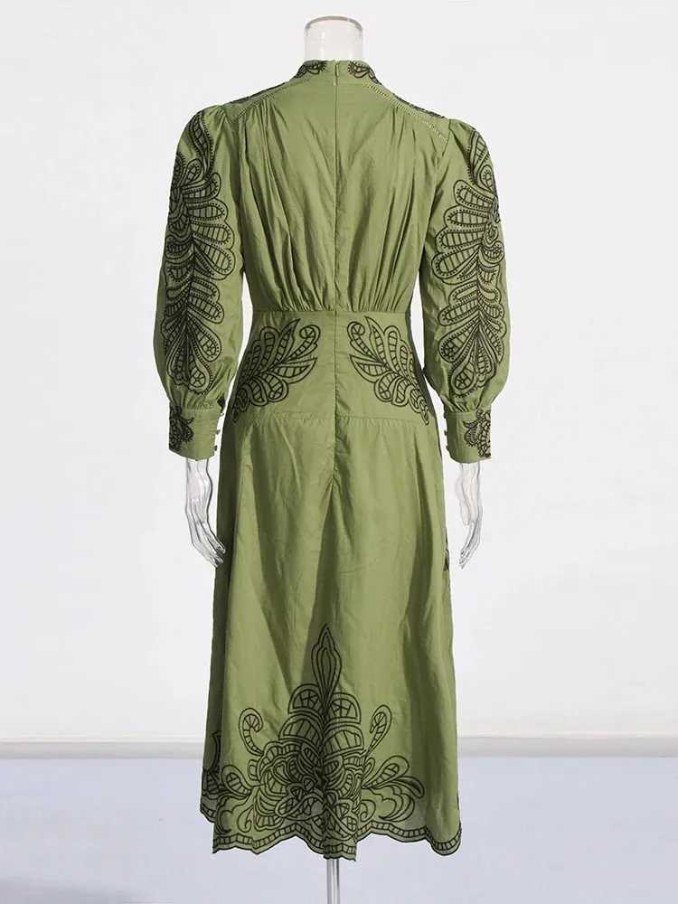 ONEINALL Hit Color Vintage Dresses For Women Stand Collar Long Sleeve Single Breasted High Waist Embroidery Dress Female Spring