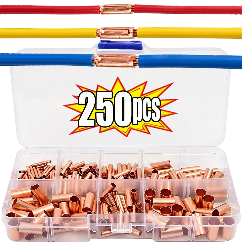 250Pcs Copper Crimp Connector Tubular Terminal Kit with Storage Box 1.5-6mm for Home Appliance Repair Automotive Circuit Durable
