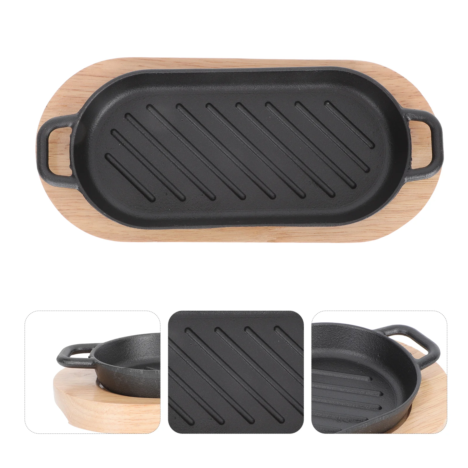 

Cast Iron Griddle Steak Plate Grilled Fish Non-Stick Fry Wood Teppanyaki Family Gathering Easy to Clean