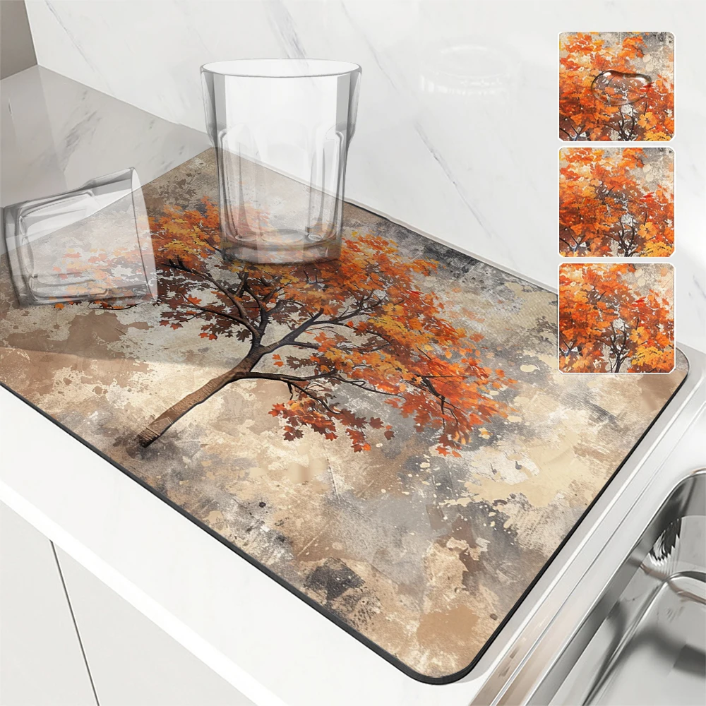 

Large Kitchen Absorbent Mat Autumn Leaves Antiskid Draining Coffee Dish Drying Mat Quick Bathroom Drain Pad Tableware Mat