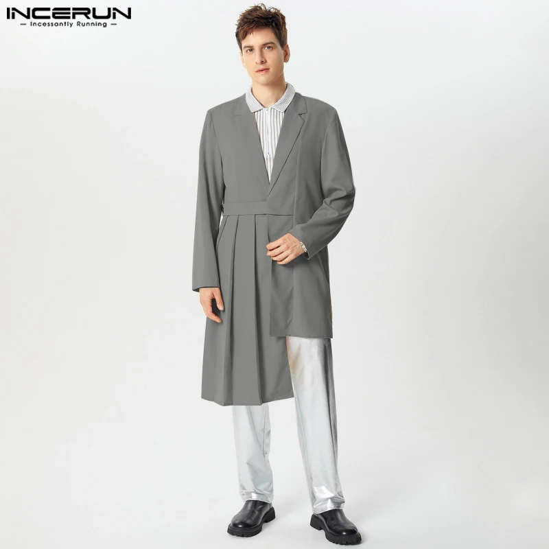 INCERUN Tops 2024 American Style Fashion Mens Pleated Irregular Hem Suit Coats Casual Streetwear Solid Loose Long Sleeved Blazer