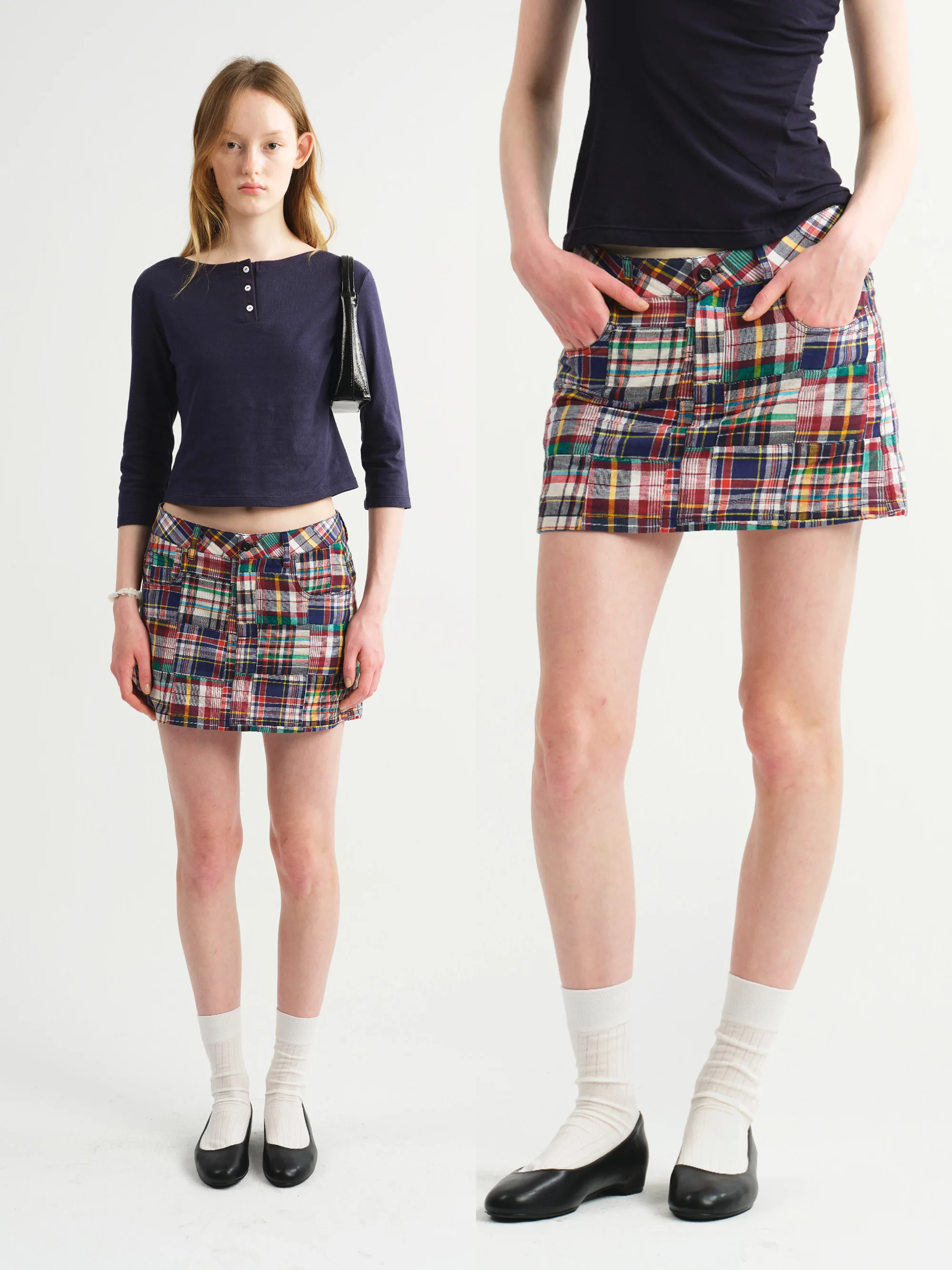 

Low Waist Patchwork Plaid Skirt by Laugh out Loud Cotton Gingham Patchwork Skirts A-Line Silhouette Straight Cut
