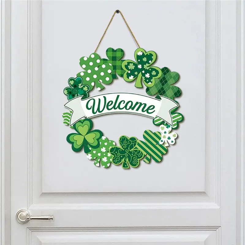 A37T-Patricks Day Decorations - 12'' Large Shamrock Decoration For Front Door, Foldable With Welcome Sign