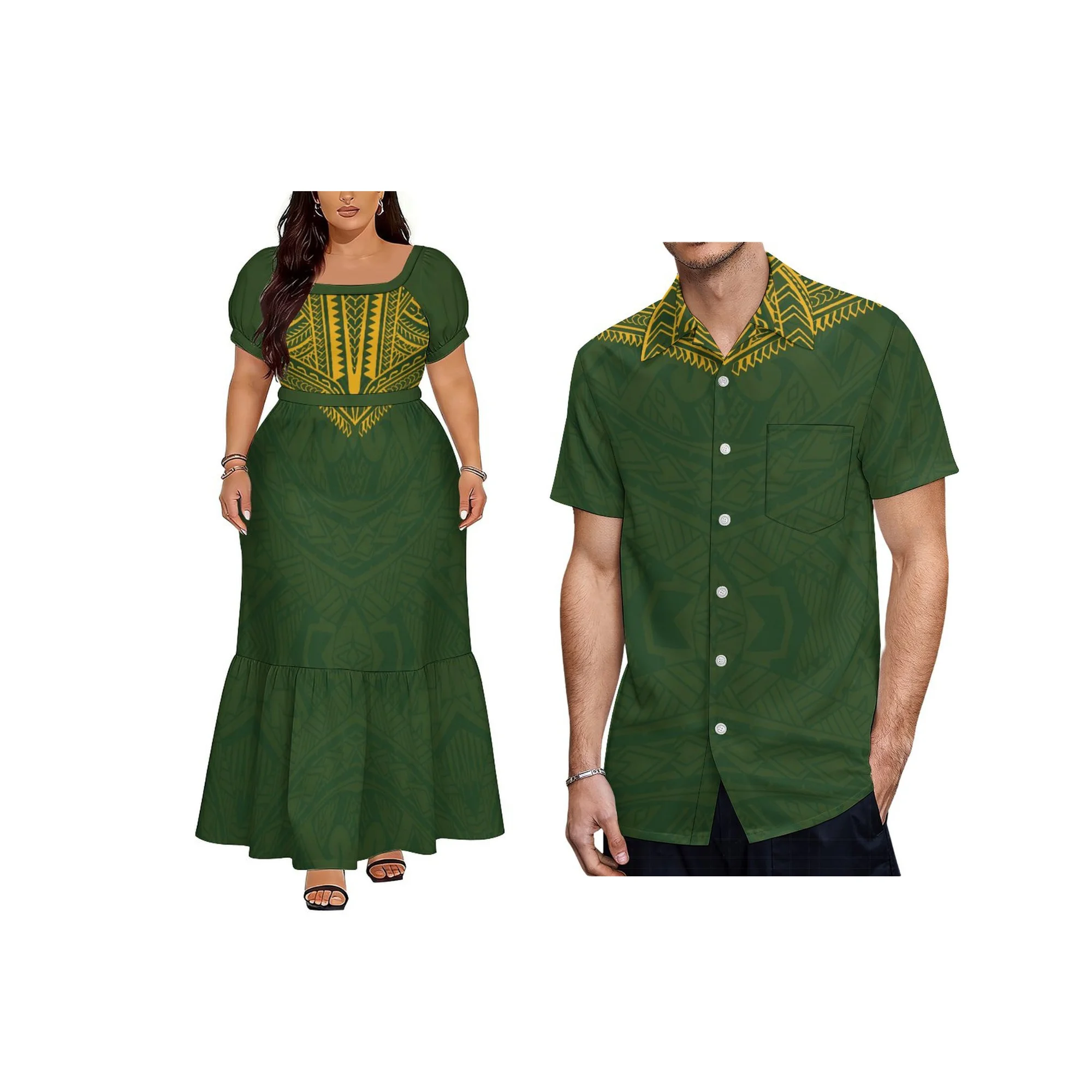 Women Summer Outdoor Beach Skirt Samoan Design Dress Plus Size Pacific Island Square Neck Lace-up Design Polynesian Dress