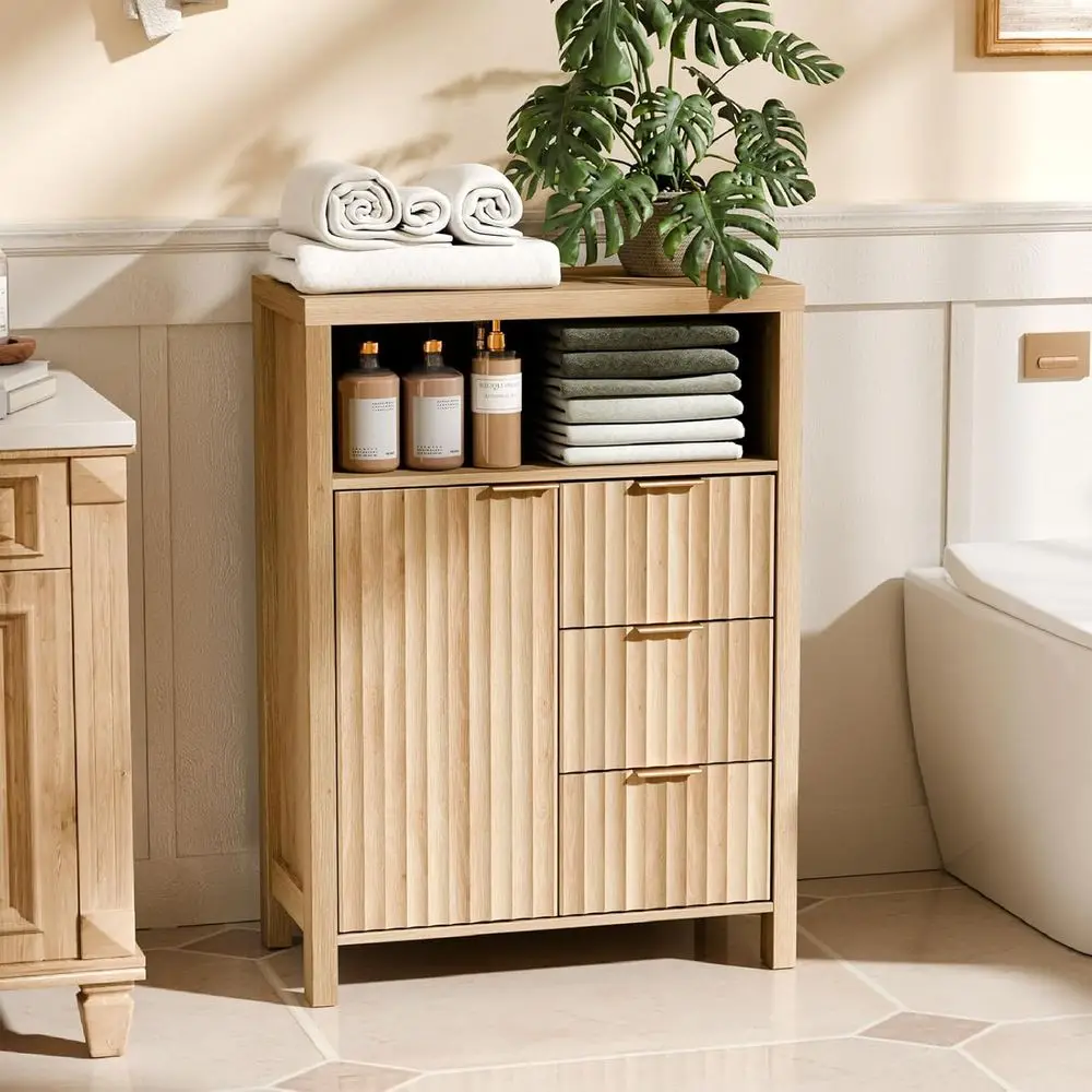 

12 Inch Deep Natural Oak Bathroom Floor Storage Cabinet with 3 Shelves, Adjustable Shelving for Small Spaces
